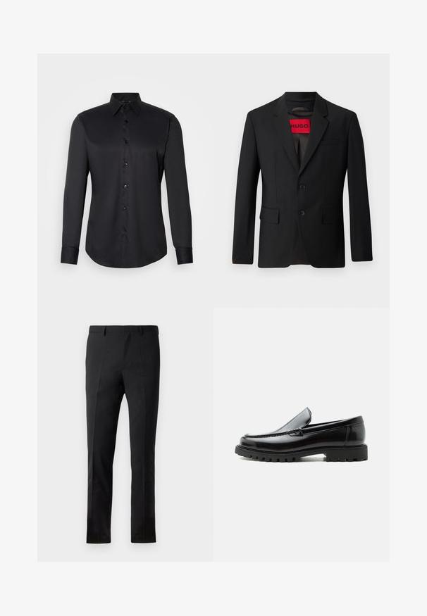 Sort blazer med to knapper, notch lapeller og klaplommer. Foret med en rød etiket med teksten "HUGO." Glat stof med en skræddersyet pasform.; Sort skjorte med knaplukning, lavet af glat stof, med klassisk krave, lange ærmer og knaplukning foran.; Sorte bukser med en skræddersyet pasform, der har en flad front, to pressefolder, bæltestropper og en glat overflade. Ingen synlige mønstre eller beslag.; Sort læderloafer med chunky gummisål, syet overdel og præget mærkenavn på hælen, vist i sideprofil på hvid baggrund.