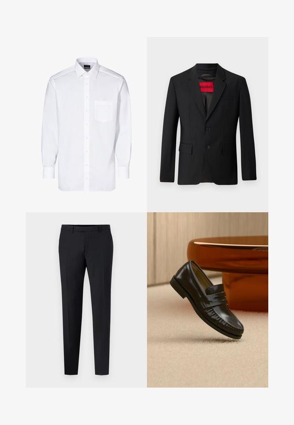 Schwarzer Blazer mit zwei Knöpfen, Reverskragen und Klapptaschen. Gefüttert mit einem roten Etikett mit der Aufschrift "HUGO". Glatte Stoffqualität mit taillierter Passform.; Weißes Hemd mit langen Ärmeln, Knopfleiste, einer Brusttasche, klassischem Kragen und glatter Textur.; Schwarze maßgeschneiderte Hose mit slim Fit, mit flacher Vorderseite, Gürtelschlaufen und ohne sichtbare Muster oder Akzente. Glatte Textur.; Glänzender schwarzer Leder-Loafer mit einem Riemendetail, auf einem beigen Teppich neben einem runden braunen Couchtisch in einem sanft beleuchteten Raum platziert.