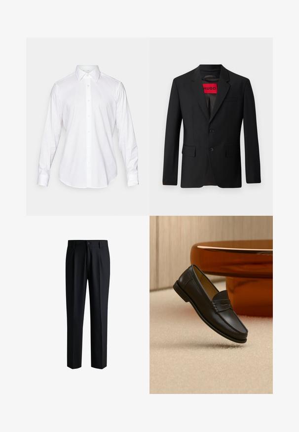 Sort blazer med to knapper, notch lapeller og klaplommer. Foret med en rød etiket med teksten "HUGO." Glat stof med en skræddersyet pasform.; Hvid langærmet skjorte med knaplukning, klassisk krave, glat stof og frontplacket med lette, rundede knapper.; Sorte bukser lavet af glat stof, med lige ben-design, plisseringer foran og knaplukning med bæltestropper.; Sort læder loafer-sko hængende over beige tæppe med ravfarvet moderne møblement i baggrunden.