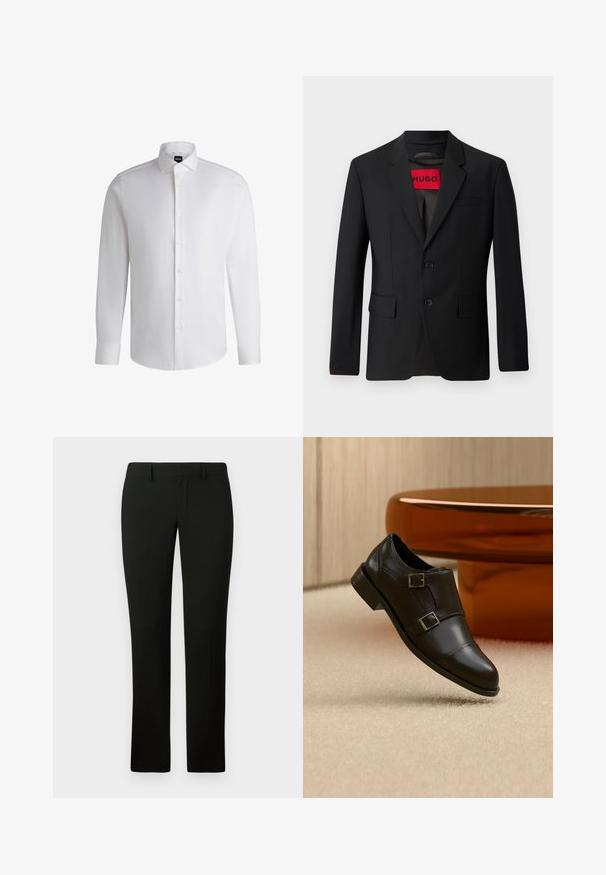 Blazer negro con dos botones, solapa de pico y bolsillos de solapa. Forrado con una etiqueta roja que dice "HUGO". Tejido suave con un ajuste a medida.; Camisa blanca de manga larga hecha de algodón suave, con un cuello clásico, botonera completa y puños abotonados. Diseño minimalista.; Pantalones negros con un corte a medida, que presentan una textura suave y un diseño de pierna recta. La cintura tiene pasadores para cinturón y un acabado limpio.; Zapato negro de piel con hebilla doble flotando sobre una alfombra beige, con muebles marrones curvados en el fondo.