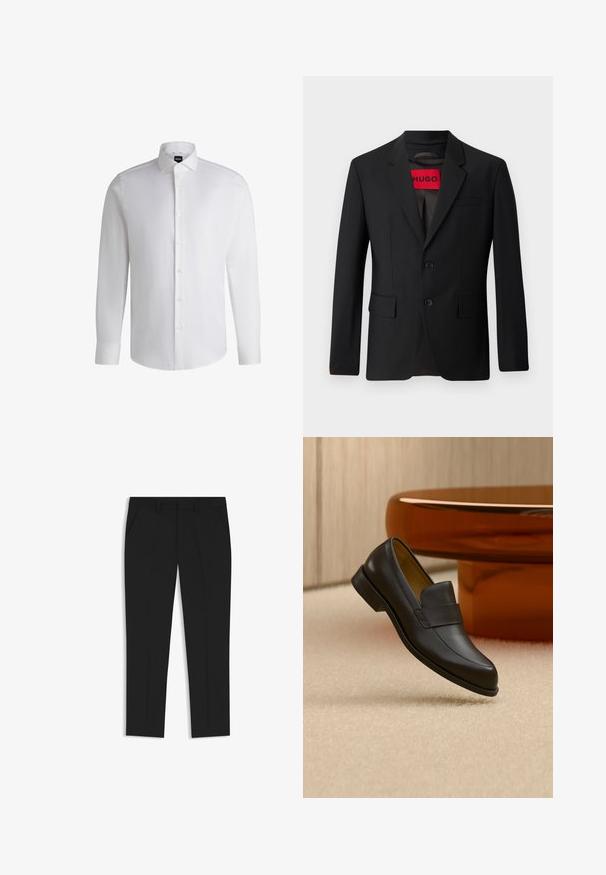 Sort blazer med to knapper, notch lapeller og klaplommer. Foret med en rød etiket med teksten "HUGO." Glat stof med en skræddersyet pasform.; Hvid langærmet skjorte lavet af glat bomuld, med klassisk krave, fuld knaplukning og knapmanchetter. Minimalistisk design.; Sorte skræddersyede bukser med lige ben-design, der har to sidelommer og frynser foran for struktur, lavet af et glat stof.; Sort læder loafers med lav hæl svævende over beige tæppe ved rundt brunt bord.