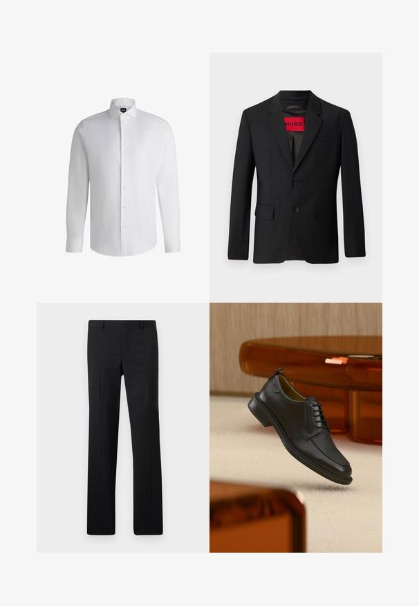 Blazer negro con dos botones, solapa de pico y bolsillos de solapa. Forrado con una etiqueta roja que dice "HUGO". Tejido suave con un ajuste a medida.; Camisa blanca de manga larga hecha de algodón suave, con un cuello clásico, botonera completa y puños abotonados. Diseño minimalista.; Pantalones negros ajustados con un diseño de pierna recta, pliegues marcados y un acabado suave. Fabricados en tejido ligero con una cintura limpia.; Zapato de vestir negro de piel con cordones y parte delantera texturizada, flotando sobre una alfombra beige en una habitación moderna con muebles de tono ámbar.