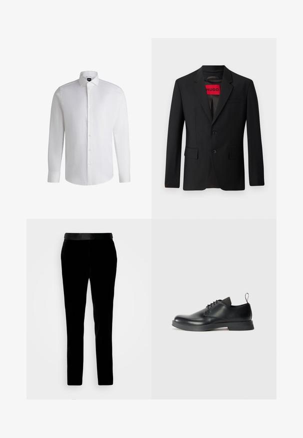 Blazer negro con dos botones, solapa de pico y bolsillos de solapa. Forrado con una etiqueta roja que dice "HUGO". Tejido suave con un ajuste a medida.; Camisa blanca de manga larga hecha de algodón suave, con un cuello clásico, botonera completa y puños abotonados. Diseño minimalista.; Pantalones de terciopelo negro con un ajuste entallado, textura suave y cinturilla a juego. Cuentan con perneras rectas y bolsillos laterales.; Zapato de cuero negro con cordones, acabado suave, punta redonda y un diseño minimalista. Presenta una tira de agarre sutil en contraste y suela de goma.