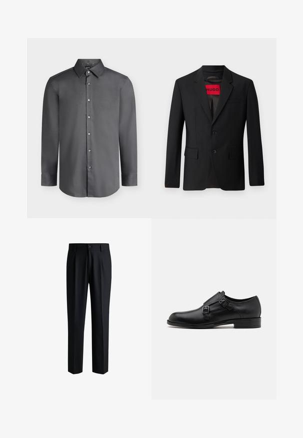 Schwarzer Blazer mit zwei Knöpfen, Reverskragen und Klapptaschen. Gefüttert mit einem roten Etikett mit der Aufschrift "HUGO". Glatte Stoffqualität mit taillierter Passform.; Dunkelgraues Herrenhemd mit langen Ärmeln, spitzem Kragen und Knöpfen vorne, dargestellt auf hellem grauem Hintergrund.; Schwarze Hose aus glattem Stoff, mit geradem Bein-Design, Falten vorne und einem Knopfverschluss mit Gürtelschlaufen.; Schwarze Leder- Schnürschuhe mit doppelten Schnallen, schlanker Silhouette und runder Zehenpartie. Sie verfügen über einen niedrigen Absatz und eine glatte Textur.