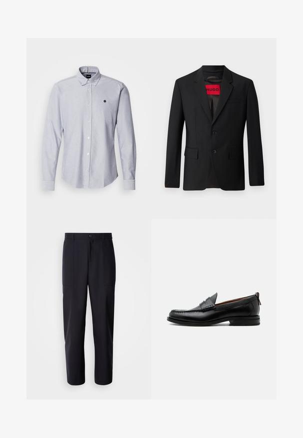 Sort blazer med to knapper, notch lapeller og klaplommer. Foret med en rød etiket med teksten "HUGO." Glat stof med en skræddersyet pasform.; Lyseblå skjorte med lange ærmer, lavet af et struktureret stof. Har et lille logo på venstre bryst og standard manchetter.; Mørk navy bukser lavet af glat stof, med en lige ben design, to sidelommer og en knaplukning i taljen.; Sort læder herre loafer med moc-tå syning, penny strop, struktureret krave og lav stablet hæl på hvid baggrund.