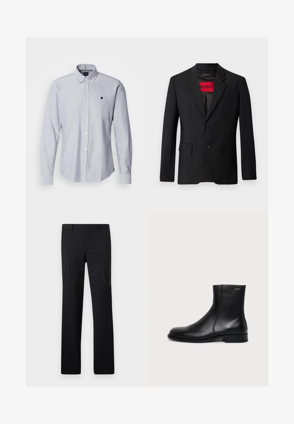 Zwarte blazer met twee knopen, notch revers en klepzakken. gevoerd met een rode label met "HUGO". Gladde stof met een getailleerde pasvorm.; Lichtblauw overhemd met lange mouwen, gemaakt van een gestructureerde stof. Voorzien van een klein logo op de linkerborst en standaard manchetten.; Zwarte op maat gemaakte pantalon met een recht model, scherpe plooien en een gladde afwerking. Gemaakt van lichtgewicht stof met een strakke tailleband.; Zwarte leren enkellaars met lage hak, zijstiksels en klein "HUGO" logo op de bovenste boord tegen een effen achtergrond.
