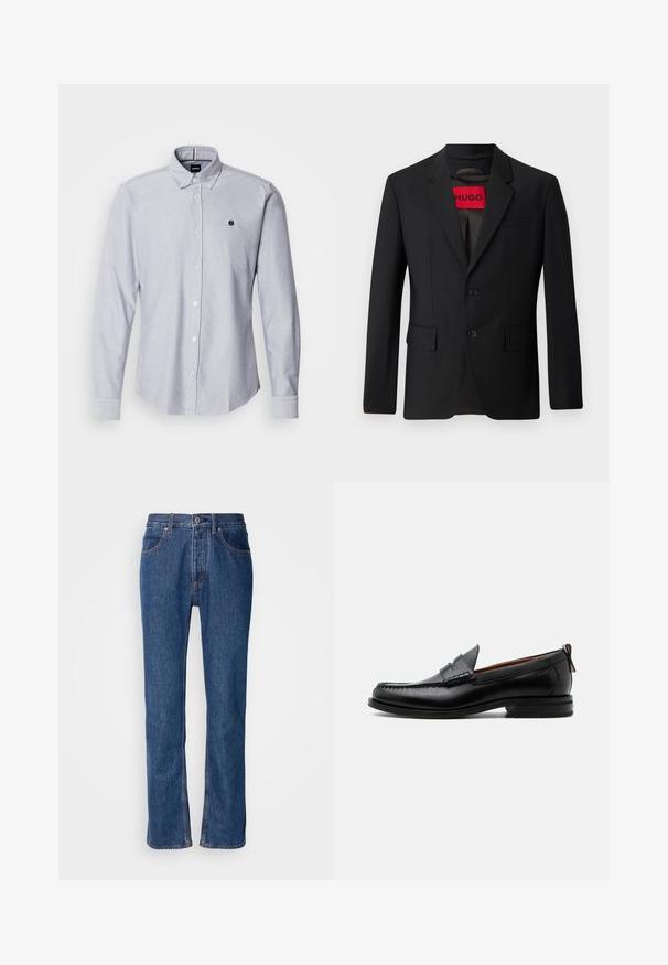 Sort blazer med to knapper, notch lapeller og klaplommer. Foret med en rød etiket med teksten "HUGO." Glat stof med en skræddersyet pasform.; Lyseblå skjorte med lange ærmer, lavet af et struktureret stof. Har et lille logo på venstre bryst og standard manchetter.; Blå denimjeans med lige snit, fem-lomme-design og lys syning. Har lynlås og knaplukning foran.; Sort læder herre loafer med moc-tå syning, penny strop, struktureret krave og lav stablet hæl på hvid baggrund.