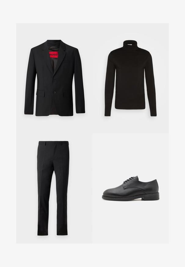 Sort blazer med to knapper, notch lapeller og klaplommer. Foret med en rød etiket med teksten "HUGO." Glat stof med en skræddersyet pasform.; Sort turtleneck langærmet skjorte lavet af et glat stof med en tætsiddende design og en høj, tætsiddende krave. Ingen mønstre eller accenter synlige.; Sorte bukser med en skræddersyet pasform, der har en flad front, to pressefolder, bæltestropper og en glat overflade. Ingen synlige mønstre eller beslag.; Sort læder oxford sko med en rund tå, der har en glat overflade, fem huller til snørebånd og en lav stablet hæl.