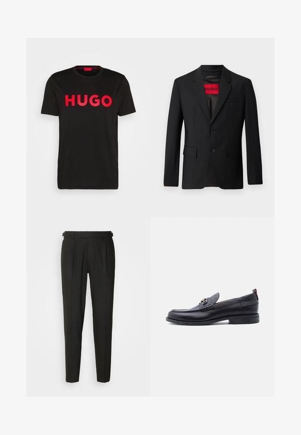 Schwarzer Blazer mit zwei Knöpfen, Reverskragen und Klapptaschen. Gefüttert mit einem roten Etikett mit der Aufschrift "HUGO". Glatte Stoffqualität mit taillierter Passform.; Schwarzes Baumwoll-T-Shirt mit fettem roten "HUGO"-Schriftzug auf der Vorderseite, kurzen Ärmeln, rundem Ausschnitt und lässiger Passform.; Schwarze maßgeschneiderte Hose mit flacher Vorderseite, zwei Falten, Gürtelschlaufen und geradem Bein. Hergestellt aus glattem, leichtem Stoff.; Schwarzer Lederloafer mit grauem, strukturiertem Vorderblatt, silberner Metallschnalle, niedrigem Absatz und Zuglasche hinten.