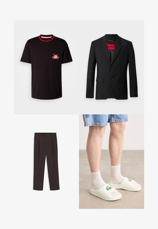 Schwarzer Blazer mit zwei Knöpfen, Reverskragen und Klapptaschen. Gefüttert mit einem roten Etikett mit der Aufschrift "HUGO". Glatte Stoffqualität mit taillierter Passform.; Schwarzes Baumwoll-T-Shirt mit einem rundem, rot-weißen Rippkragen. Es hat ein rot-weiß gesticktes Logo auf der linken Brust.; Dunkelbraune, maßgeschneiderte Hose mit Gürtelschlaufen, vorderen Falten und geradem Bein, flach auf weißem Hintergrund präsentiert.; Weiße Rutschsandalen mit offener Zehenpartie, die ein grünes Logo zeigen, getragen mit weißen gerippten Socken und Jeansshorts. Glattes Material und flache Sohle.