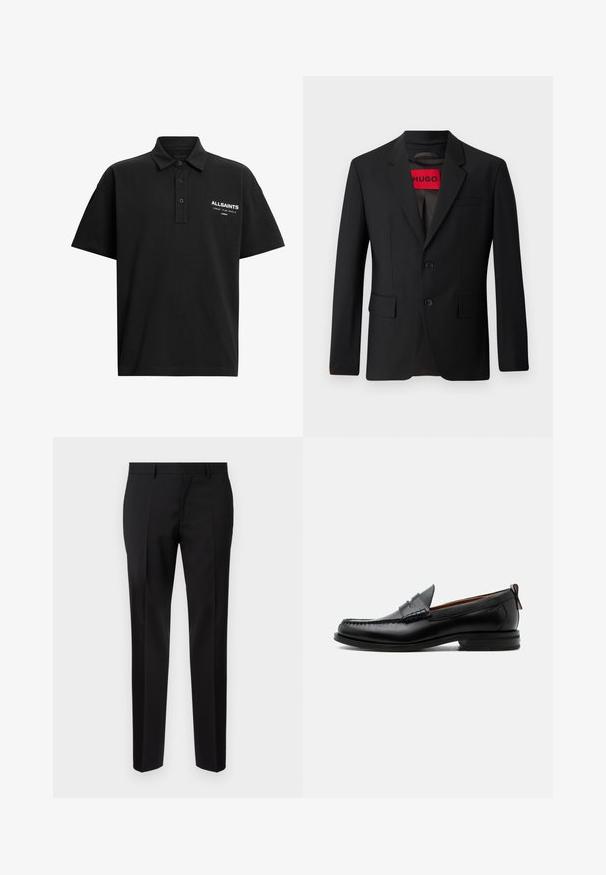 Čierny blazer s dvomi gombíkmi, vypuklými klopami a vreckami s chlopňami. Podšitý červenou nálepkou s nápisom "HUGO". Hladká tkanina s prispôsobeným strihom.; Čierne polo tričko vyrobené z bavlny s klasickým golierom, dvoma gombíkmi a potlačeným logom v bielej farbe na ľavej strane hrude.; Čierne upravené nohavice vyrobené z hladkej tkaniny, s rovnými nohavicami, rafinovanými záhybmi a klasickým pásom s pútkami na opasok.; Čierny kožený pánsky mokasín s prešitím moc toe, penny remienkom, textúrovaným golierom a nízkym vrstveným podpätkom na bielom pozadí.
