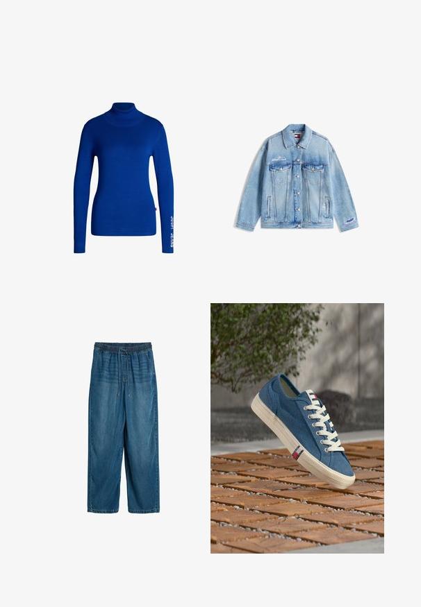Veste en denim bleu clair avec fermeture à boutons, poches à rabat sur la poitrine, poches latérales, et détails d'usure subtils sur la manche et la poitrine.; Pull col roulé bleu en tissu doux et extensible. Il a des manches longues et le texte "JOOP! JEANS" imprimé en blanc sur la manche droite.; Pantalon en denim bleu à coupe ample avec ceinture élastique et cordon de serrage, doté de poches avant et d'une coupe droite.; Baskets en toile bleue avec lacets et semelle blanches, flottant au-dessus d'un sol extérieur en bois et motif de galets.