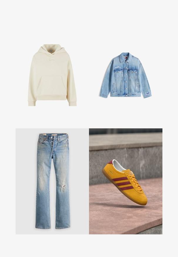 Lichtblauwe spijkerjas met knoopsluiting aan de voorkant, borstflapzakken, zijzakken en subtiele distressed details op mouw en borst.; Crème hoodie gemaakt van zachte stof. Heeft een voorzak en een subtiel geborduurd logo. Relaxte pasvorm met ribbelboorden en -zoom.; Lichtblauwe versleten jeans met knoopsluiting, lichte vervaging en een kleine scheur bij de rechterknie, plat gelegd op een witte achtergrond.; Gele suède sneaker met rode strepen, platte zool en gevoerde kraag; beschikt over een vetersluiting en een merklabel.