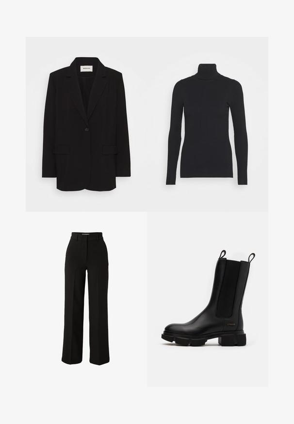Zwarte blazer van soepel stof, met een enkele knoopsluiting, gelapte revers en twee voorkruiden. Minimalistisch ontwerp met een relaxte pasvorm.; Zwarte geribde coltrui met lange mouwen en een aansluitende pasvorm. De textuur is glad met een horizontaal ribpatroon.; Zwarte wijde broek gemaakt van textiel met een vlakke voorkant, hoge taille en riemlussen; heeft een strakke, op maat gemaakte uitstraling.; Zwarte leren enkellaars met elastische zijpanelen, chunky rubberen zool en trekflappen. Bevat subtiele branding die op de zijkant is geperst.