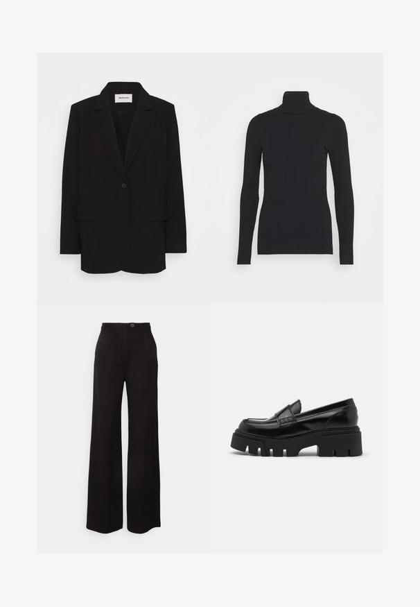 Čierny blazer vyrobený z hladkej tkaniny, s jedným gombíkom na zapínanie, s vykrojenými klopami a dvoma prednými vreckami. Minimalistický dizajn s voľnejším strihom.; Čierny rebrovaný rolák, ktorý má dlhé rukávy a priliehavý strih. Textúra je hladká s horizontálnym rebrovaním.; Čierne nohavice s širokými nohavicami vyrobené z hladkého materiálu, s predným gombíkovým zapínaním a dvoma prednými záhybmi pre väčší detail.; Čierne kožené loafers so robustnou štruktúrovanou platformovou podrážkou a ozdobným remienkom cez hornú časť. Hladký, lesklý povrch.