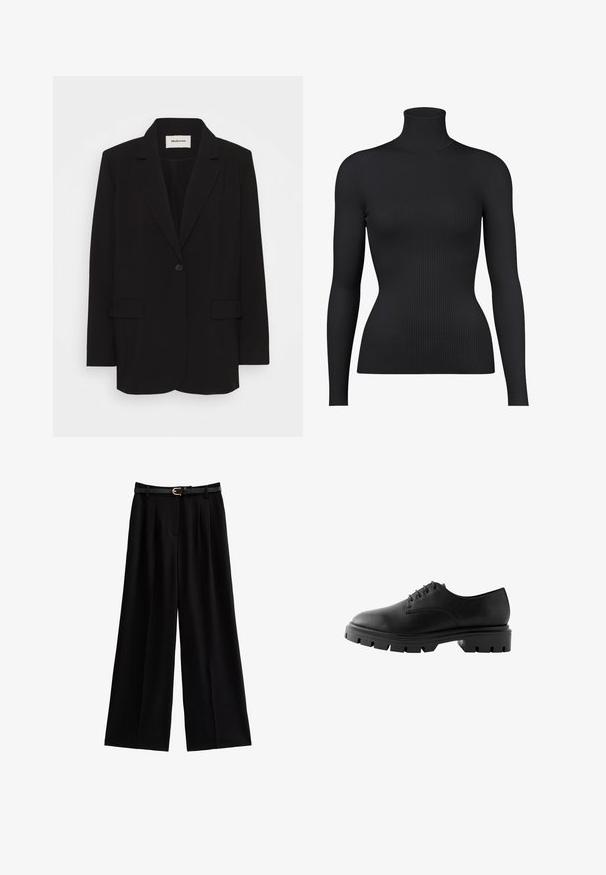 Zwarte blazer van soepel stof, met een enkele knoopsluiting, gelapte revers en twee voorkruiden. Minimalistisch ontwerp met een relaxte pasvorm.; Zwarte geribde coltrui met lange mouwen, met een nauwsluitende pasvorm en textuurstof.; Wijde zwarte broeken van zacht materiaal, met scherpe plooien en een gestructureerde zwarte riem met een gouden gespaccent.; Zwarte leren schoen met een ronde neus, zes veterogen, platte veters en een stevige rubberen zool met diepe profielpatronen.