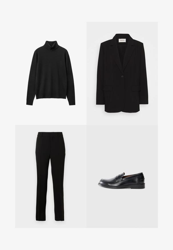 Blazer negro de tela suave, con un cierre de un solo botón, solapas de muesca y dos bolsillos frontales. Diseño minimalista con un corte relajado.; Suéter negro de cuello alto hecho de suave tejido de punto. Presenta mangas largas, un corte relajado y un diseño de cuello alto. Sin patrones ni adornos.; Pantalones negros ajustados hechos de una tela suave, con un corte recto, líneas de pliegue, trabillas para cinturón y cierre de cremallera.; Mocasines de cuero negro con puntera redondeada, detalles de costura y un tacón bajo. Textura suave con un brillo sutil.