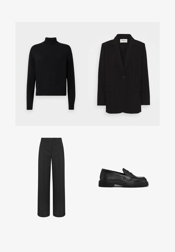 Blazer noir en tissu lisse, avec une fermeture à un bouton, des revers crantés et deux poches avant. Design minimaliste avec une coupe relaxée.; Pull en col roulé noir avec des manches longues, des poignets côtelés et un ourlet ajusté. Texture douce, design simple et couleur unie sans motifs.; Pantalon noir à taille haute et jambes larges, avec passants pour ceinture et plis marqués à l'avant, conçu pour un look formel ou professionnel.; Des mocassins en cuir noir présentent une tige texturée avec un bout lisse et une semelle épaisse et robuste, conçue pour la durabilité et le confort.
