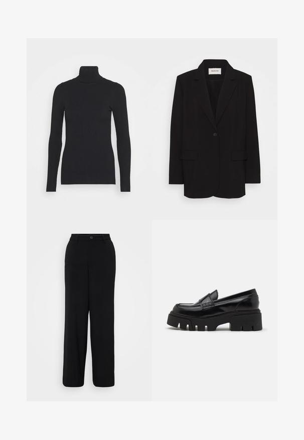 Čierny blazer vyrobený z hladkej tkaniny, s jedným gombíkom na zapínanie, s vykrojenými klopami a dvoma prednými vreckami. Minimalistický dizajn s voľnejším strihom.; Čierny rebrovaný rolák, ktorý má dlhé rukávy a priliehavý strih. Textúra je hladká s horizontálnym rebrovaním.; Čierne široké nohavice vyrobené z hladkej tkaniny. Obsahujú pás s gombíkovým zapínaním a prednými záhybmi.; Čierne kožené loafers so robustnou štruktúrovanou platformovou podrážkou a ozdobným remienkom cez hornú časť. Hladký, lesklý povrch.