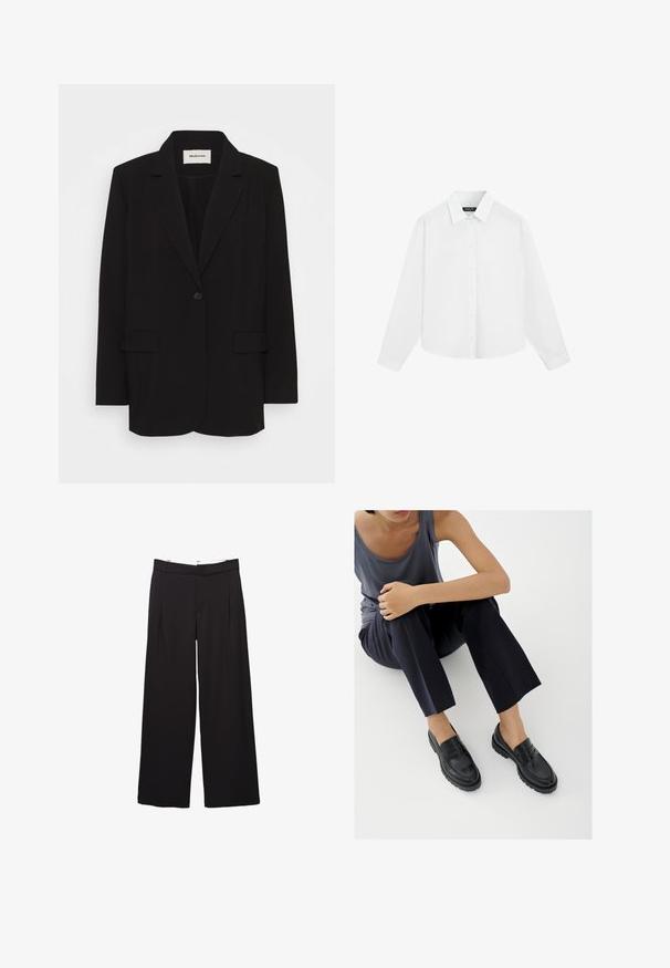 Sort blazer lavet af glat stof, med en enkelt knaplukning, stiklagte klipper og to forlommer. Minimalistisk design med en afslappet pasform.; Hvid langærmet skjorte med knapper og krave, vist fladt mod en hvid baggrund.; Sorte bukser med vide ben, fordele foran og bæltestropper, skræddersyet pasform, talje i mellemhøjde og skjult lukning foran.; Sorte læderloafers med teksturerede detaljer, lav hæl, rund tå og synlige syninger. Modellen bærer mørke bukser og en grå top.