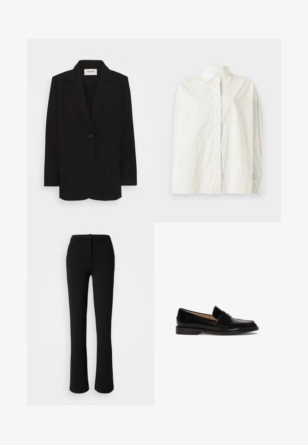 Sort blazer lavet af glat stof, med en enkelt knaplukning, stiklagte klipper og to forlommer. Minimalistisk design med en afslappet pasform.; CLOSED CAPE SHIRT - Skjortebluser - white; Sorte bukser lavet af et glat stof, med et lige ben design, frontlommer og en standard talje med en bæltestrop.; Sorte læder loafers med glat finish, afrundet tå og en dekorativ rem over fronten. Lav blokhælsdesign.