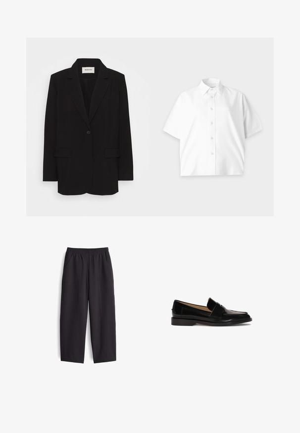 Zwarte blazer van soepel stof, met een enkele knoopsluiting, gelapte revers en twee voorkruiden. Minimalistisch ontwerp met een relaxte pasvorm.; Wit overhemd met korte mouwen, knoopsluiting en kraag, eenvoudig ontwerp en subtiel logo op de borst, weergegeven op een lichte achtergrond.; Zwarte, wijde broek gemaakt van een gladde stof. Voorzien van een elastische tailleband en twee zakken aan de zijkant, met zichtbare stikdetails.; Zwarte leren instappers met een gladde afwerking, ronde neus en een decoratief bandje over de voorkant. Ontwerp met lage blokhak.