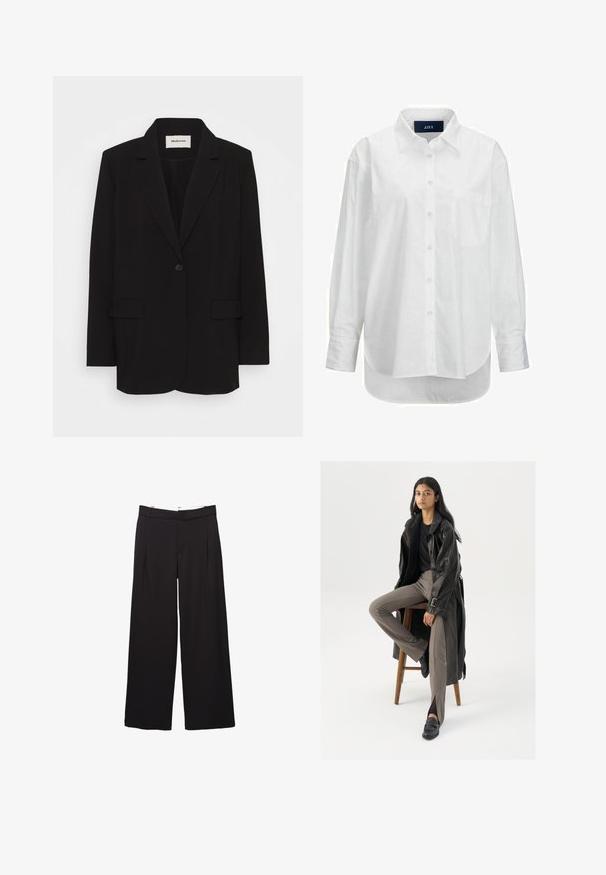 Čierny blazer vyrobený z hladkej tkaniny, s jedným gombíkom na zapínanie, s vykrojenými klopami a dvoma prednými vreckami. Minimalistický dizajn s voľnejším strihom.; Biele dlhé rukávy košele z hladkej bavlny s golierom na gombíky, prednou vreckom a zakriveným lemom. Obsahuje zadný diel pre zvýšenú štruktúru.; Čierne nohavice so širokými nohavicami, s prednými záhybmi a pútkami na opasok, prispôsobený strih, stredne vysoký pás a skryté predné zapínanie.; Čierny kožený trenčkot s gombíkmi a detailom pásu, v kombinácii so svetlohnedými priliehavými nohavicami a čiernymi mokasínami, posadený na drevenej stoličke.