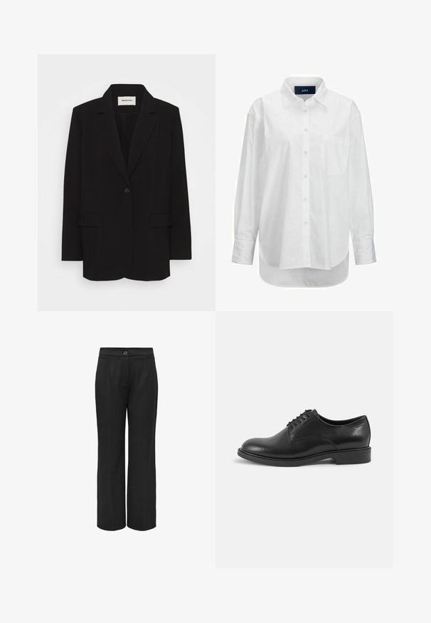 Sort blazer laget av glatt stoff, med en enkelt knappelukking, klippede revers og to frontlommer. Minimalistisk design med en avslappet passform.; Hvit langermet skjorte i glatt bomull med knapp-ned krage, frontlomme og buet nederkant. Har en ryggklips for ekstra struktur.; Svart vide bukser laget av et glatt stoff, med knappelukking og pressede linjer for et skreddersydd utseende.; Sorte lærdressko med rund tå, snøring og flate gummisåler. Jevn tekstur med minimalt med detaljer.