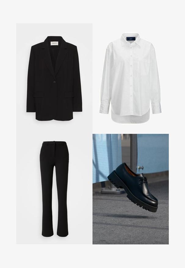 Sort blazer lavet af glat stof, med en enkelt knaplukning, stiklagte klipper og to forlommer. Minimalistisk design med en afslappet pasform.; Hvid langærmet skjorte i glat bomuld med knapkrave, frontlomme og buet nederkant. Har en rygskulder for ekstra struktur.; Sorte bukser lavet af et glat stof, med et lige ben design, frontlommer og en standard talje med en bæltestrop.; Sort lædersko med chunky sål, der svæver over gråt fortov med blå byggehegn i baggrunden.