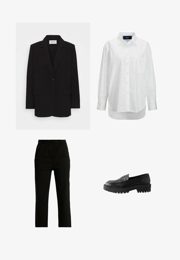 Blazer negro de tela suave, con un cierre de un solo botón, solapas de muesca y dos bolsillos frontales. Diseño minimalista con un corte relajado.; Camisa blanca de manga larga en algodón suave con cuello abotonado, bolsillo frontal y dobladillo curvado. Cuenta con un canesú en la parte posterior para mayor estructura.; Pantalones negros de algodón mezclado, con un diseño de corte recto, dos bolsillos frontales, un cierre de un solo botón y detalles de costura visibles.; Mocasín de cuero negro con puntera redondeada, detalle de costura elevada y suela de goma gruesa con surcos profundos para mayor tracción.