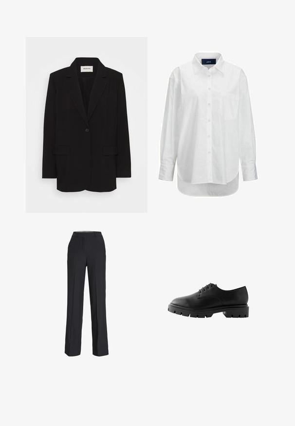 Blazer negro de tela suave, con un cierre de un solo botón, solapas de muesca y dos bolsillos frontales. Diseño minimalista con un corte relajado.; Camisa blanca de manga larga en algodón suave con cuello abotonado, bolsillo frontal y dobladillo curvado. Cuenta con un canesú en la parte posterior para mayor estructura.; Pantalones negros de cintura alta con corte recto. Fabricados en una tela suave, con pliegues delanteros y bolsillos laterales.; Zapato de cuero negro con puntera redondeada, seis ojales, cordones planos y una suela de goma gruesa con patrones de tracción profundos.