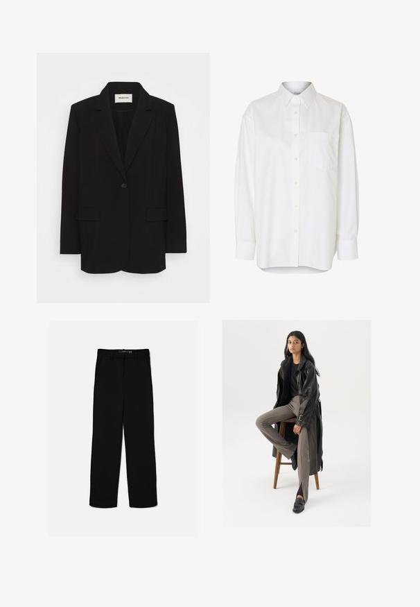 Čierny blazer vyrobený z hladkej tkaniny, s jedným gombíkom na zapínanie, s vykrojenými klopami a dvoma prednými vreckami. Minimalistický dizajn s voľnejším strihom.; Biela košeľa s dlhým rukávom na gombíky, s ostrým golierom a náprsným vreckom, zobrazená na jednofarebnom pozadí.; Čierne nohavice s rovnými nohavicami, cvokmi na opasok, predným zipsom a bočnými vreckami, položené na svetlom pozadí.; Čierny kožený trenčkot s gombíkmi a detailom pásu, v kombinácii so svetlohnedými priliehavými nohavicami a čiernymi mokasínami, posadený na drevenej stoličke.