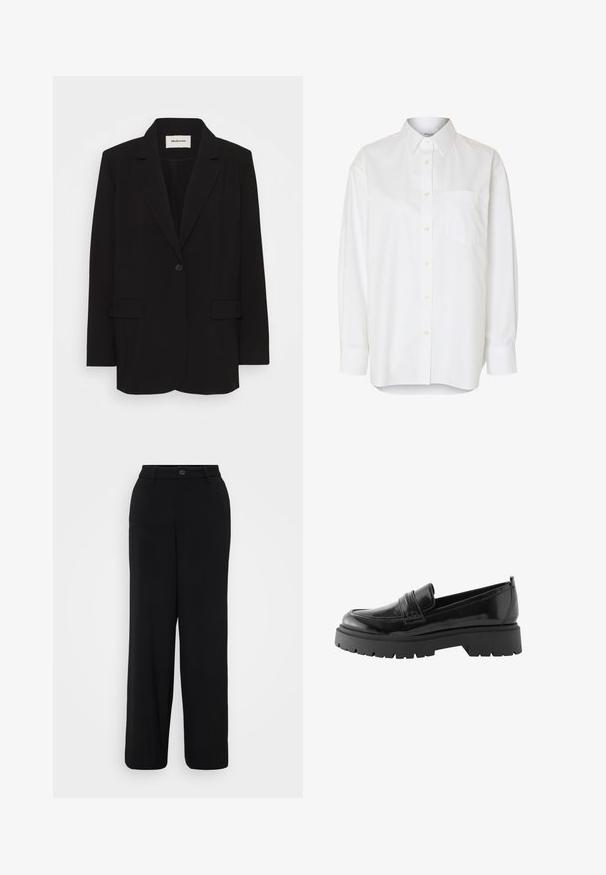 Sort blazer lavet af glat stof, med en enkelt knaplukning, stiklagte klipper og to forlommer. Minimalistisk design med en afslappet pasform.; Hvid langærmet skjorte med knapper, spids krave og brystlomme, vist mod en ensfarvet baggrund.; Sorte breddebenbukser lavet af et glat stof. Har en taljebånd med en knaplukning og detaljer med frontfolder.; Sorte lakerede loafers har en lav platformssål med en robust træd og en quiltet detalje over midtfoden.