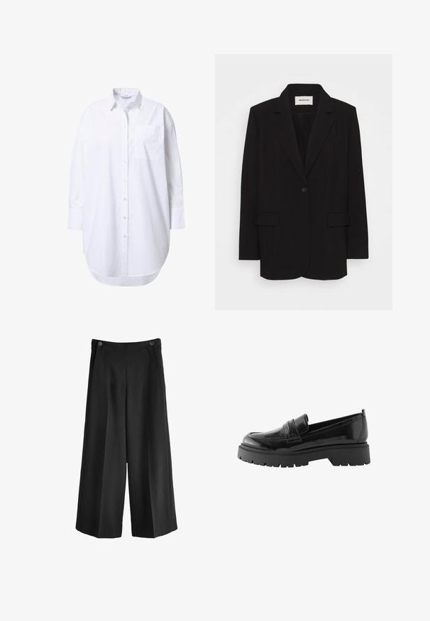 Sort blazer lavet af glat stof, med en enkelt knaplukning, stiklagte klipper og to forlommer. Minimalistisk design med en afslappet pasform.; Overdimensioneret hvid skjorte med lange ærmer, spidst krave, forlommer og let buet nederkant.; Svarte breddebenede bukser med høj talje, lavet af glat stof. Har to forlommer og to knapper ved linningen.; Sorte lakerede loafers har en lav platformssål med en robust træd og en quiltet detalje over midtfoden.