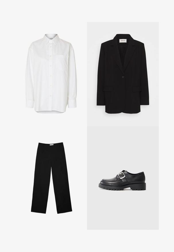 Sort blazer lavet af glat stof, med en enkelt knaplukning, stiklagte klipper og to forlommer. Minimalistisk design med en afslappet pasform.; Hvid langærmet skjorte med knapper, spids krave og brystlomme, vist mod en ensfarvet baggrund.; Vide benbukser i sort stof, med en glat overflade, enkelt design og en diskret lynlås i siden til lukning.; Sorte lædersko med en rund tå, der har en sidebuckle-detalje og en tyk, robust sål. Glat tekstur med minimal syning.