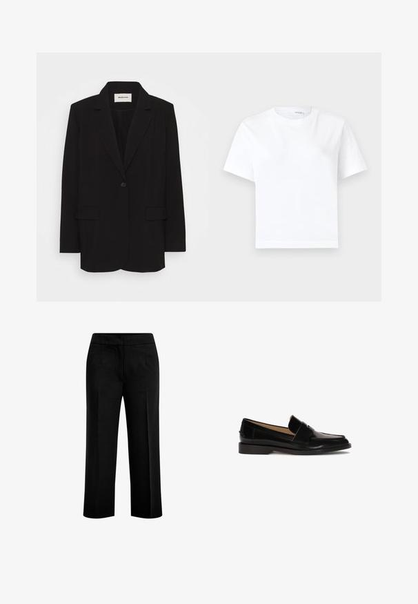 Schwarzes Blazer aus glattem Stoff, mit einem einzelnen Knopfverschluss, Reverskragen und zwei Fronttaschen. Minimalistisches Design mit lockerer Passform.; Einfaches weißes kurzärmeliges Baumwoll-T-Shirt mit rundem Ausschnitt und geradem Saum, dargestellt auf weißem Hintergrund.; Schwarze, weite Hosen aus glattem Stoff mit zwei vorderen Taschen und einem flachen Bund. Maßgeschneiderter Schnitt mit klarer Silhouette.; Schwarze Lederhalbschuhe mit glatter Oberfläche, abgerundeter Zehenpartie und einem dekorativen Riemen über der Vorderseite. Design mit niedrigem Blockabsatz.