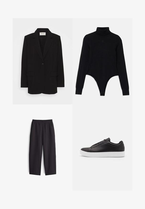 Zwarte blazer van soepel stof, met een enkele knoopsluiting, gelapte revers en twee voorkruiden. Minimalistisch ontwerp met een relaxte pasvorm.; Zwart turtleneck bodysuit van zachte stof, met lange mouwen, een aansluitende pasvorm en een thong-stijl onderkant voor een gestroomlijnde silhoeët.; Zwarte, wijde broek gemaakt van een gladde stof. Voorzien van een elastische tailleband en twee zakken aan de zijkant, met zichtbare stikdetails.; Zwarte leren sneakers met een gladde afwerking, met een lage ontwerp en een dikke witte rubberen zool. Subtiele stikdetails aan de zijkant.