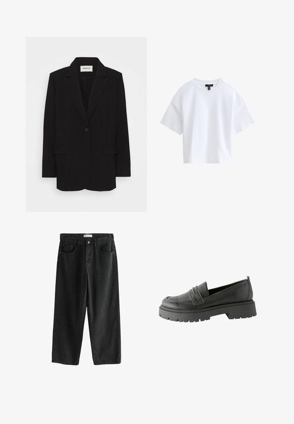 Zwarte blazer van soepel stof, met een enkele knoopsluiting, gelapte revers en twee voorkruiden. Minimalistisch ontwerp met een relaxte pasvorm.; Effen witte cropped T-shirt met korte mouwen, een ronde hals en een zwart merkembleem aan de binnenkant van de kraag.; Zwarte wijde denim jeans met een medium taille, voorzien van twee voorzakken, een knoopsluiting en subtiele stikdetails.; Zwarte leren loafers met een gestructureerde afwerking, opvallende stikdetails en een dikke zwarte rubberen zool met een geprofileerd patroon.