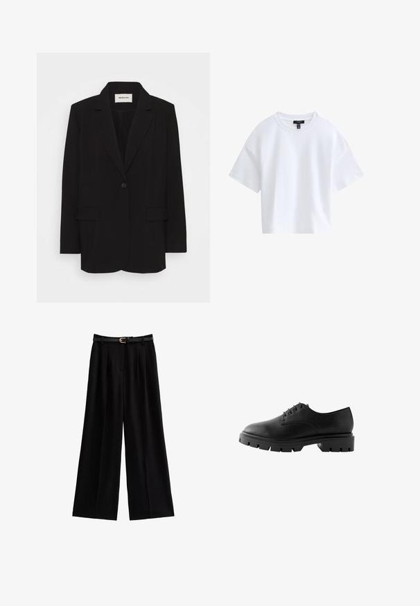 Zwarte blazer van soepel stof, met een enkele knoopsluiting, gelapte revers en twee voorkruiden. Minimalistisch ontwerp met een relaxte pasvorm.; Effen witte cropped T-shirt met korte mouwen, een ronde hals en een zwart merkembleem aan de binnenkant van de kraag.; Wijde zwarte broeken van zacht materiaal, met scherpe plooien en een gestructureerde zwarte riem met een gouden gespaccent.; Zwarte leren schoen met een ronde neus, zes veterogen, platte veters en een stevige rubberen zool met diepe profielpatronen.
