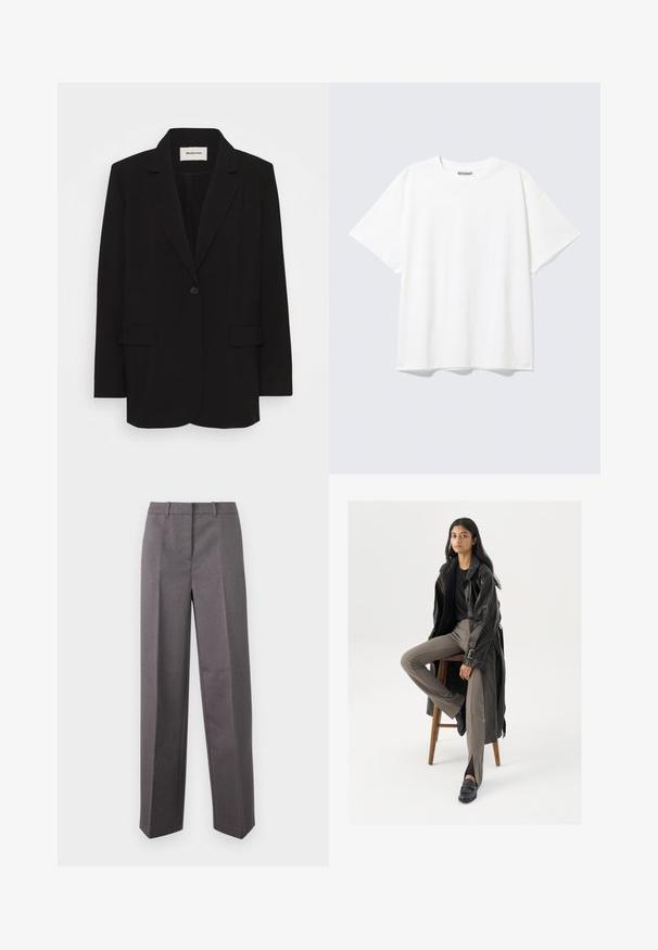 Black blazer made of smooth fabric, featuring a single button closure, notched lapels, and two front pockets. Minimalist design with a relaxed fit.; White short-sleeve crew neck t-shirt with a relaxed fit and a "WEEKDAY" label at the inside back neckline.; Gray tailored trousers made of textured fabric, featuring a straight-leg design, flat front, and belt loops.; Black leather trench coat with buttons and belt detail, paired with light brown fitted pants and black loafers, seated on a wooden stool.
