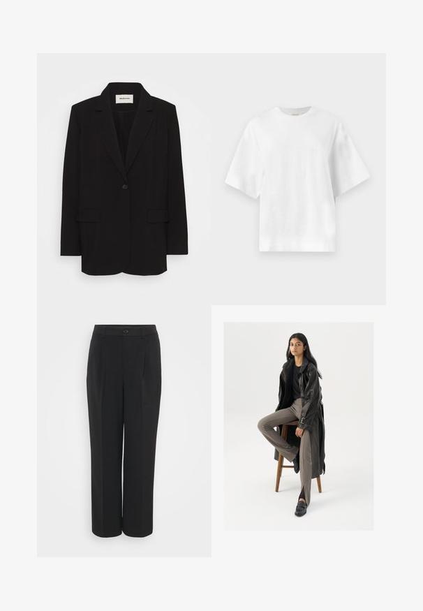 Čierny blazer vyrobený z hladkej tkaniny, s jedným gombíkom na zapínanie, s vykrojenými klopami a dvoma prednými vreckami. Minimalistický dizajn s voľnejším strihom.; Jednoduché biele nadmerné tričko s krátkym rukávom a okrúhlym výstrihom, zobrazené na svetlošedom pozadí.; Čierne nohavice s vysokým pásom, hladkého materiálu, s plisovaným predným dielom a jedným gombíkom. Široký strih so bočnými vreckami.; Čierny kožený trenčkot s gombíkmi a detailom pásu, v kombinácii so svetlohnedými priliehavými nohavicami a čiernymi mokasínami, posadený na drevenej stoličke.