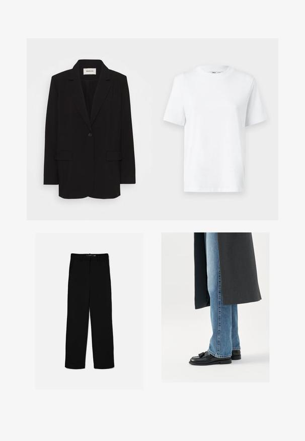 Schwarzes Blazer aus glattem Stoff, mit einem einzelnen Knopfverschluss, Reverskragen und zwei Fronttaschen. Minimalistisches Design mit lockerer Passform.; Weißes Baumwoll-T-Shirt mit Rundhalsausschnitt, kurzärmlig und mit glatter Textur. Entworfen mit einer lockeren Passform für Komfort und Vielseitigkeit.; Schwarze gerade geschnittene Hose mit Gürtelschlaufen, Frontreißverschluss und Seitentaschen, flach auf hellem Hintergrund ausgelegt.; Schwarze Leder Slipper mit Quasten, getragen mit hellblauen geraden Jeans, ergänzt durch einen dunkelgrauen Mantel. Klare Linien und strukturierter Stoff.