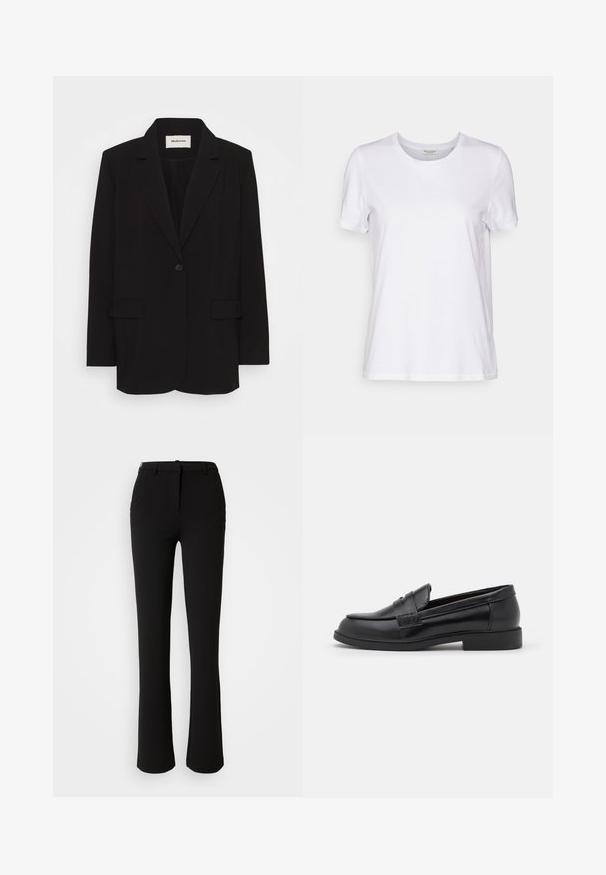 Zwarte blazer van soepel stof, met een enkele knoopsluiting, gelapte revers en twee voorkruiden. Minimalistisch ontwerp met een relaxte pasvorm.; Witte korte mouwen t-shirt gemaakt van zachte stof met een ronde hals en een relaxte pasvorm. De zoom is recht en bevat geen patronen of accenten.; Zwarte broek gemaakt van een gladde stof, met een recht model, voorzakken en een standaard tailleband met een riemlus.; Zwarte leren loafers met een gladde textuur, ronde neus, gestikte details op de bovenkant en een lage, platte rubberen zool.