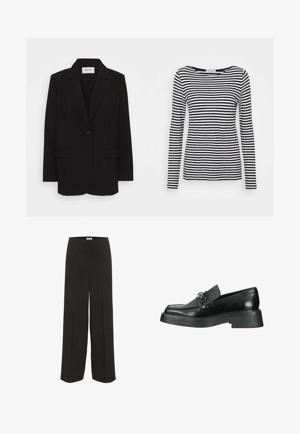 Blazer negro de tela suave, con un cierre de un solo botón, solapas de muesca y dos bolsillos frontales. Diseño minimalista con un corte relajado.; Camisa de manga larga y cuello redondo con un patrón de rayas en blanco y negro. Fabricada con una tela suave y de corte regular. Diseño limpio y minimalista.; Pantalones negros de pierna ancha con cintura alta y detalles sutiles de pliegue, diseñados para un ajuste relajado y elegante.; Mocasín de cuero negro con un acabado suave, que presenta un panel frontal elevado, herrajes de acento en plata y una suela de goma gruesa.