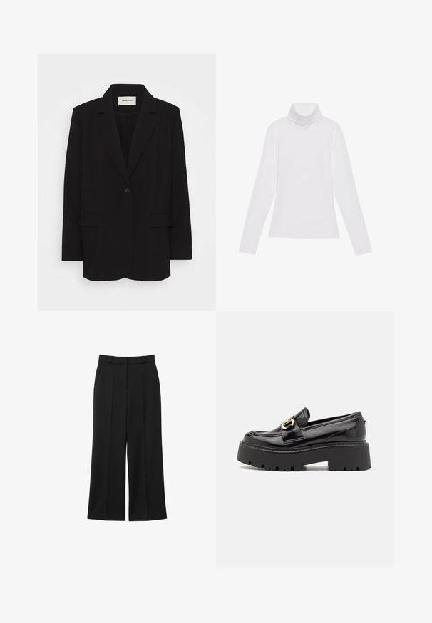 Blazer noir en tissu lisse, avec une fermeture à un bouton, des revers crantés et deux poches avant. Design minimaliste avec une coupe relaxée.; Haut à col roulé à manches longues blanc, fabriqué en tissu lisse et extensible. Il présente un col haut et une coupe ajustée, sans motifs ni embellissements visibles.; Pantalons larges noirs en tissu lisse, avec des plis avant, des poches latérales et une taille cintrée pour un ajustement structuré.; Steve Madden OCCUPY - Chaussons - black