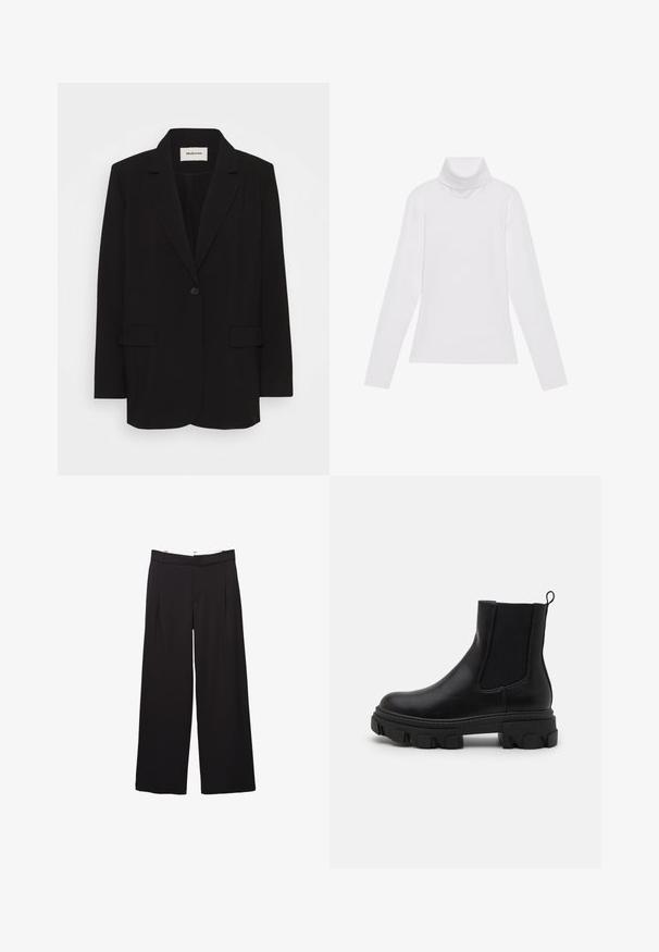 Blazer noir en tissu lisse, avec une fermeture à un bouton, des revers crantés et deux poches avant. Design minimaliste avec une coupe relaxée.; Haut à col roulé à manches longues blanc, fabriqué en tissu lisse et extensible. Il présente un col haut et une coupe ajustée, sans motifs ni embellissements visibles.; Pantalon large noir à plis avant avec passants pour ceinture, coupe ajustée, taille moyenne, et fermeture avant dissimulée.; Bottines en cuir noir avec des panneaux latéraux élastiques, semelle en caoutchouc épaisse et une languette. Présente une texture lisse et un motif de semelle défini.