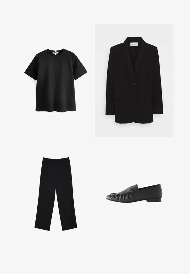 Blazer negro de tela suave, con un cierre de un solo botón, solapas de muesca y dos bolsillos frontales. Diseño minimalista con un corte relajado.; Camiseta negra de manga corta hecha de algodón suave, con un escote redondeado y un dobladillo recto. Diseño simple y minimalista sin patrones.; Pantalones de pierna ancha negros, confeccionados en un tejido suave. Presenta bolsillos frontales y una cinturilla plana. Sin patrones visibles ni detalles metálicos.; Mocasín negro de cuero para hombre con tacón bajo, detalles plisados en la parte delantera y acabado liso en los laterales y la parte trasera.