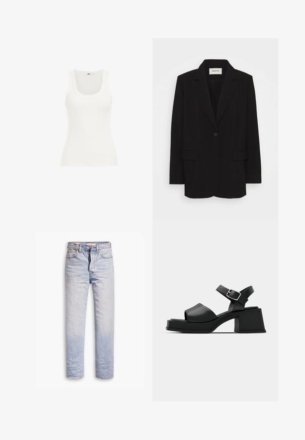 Zwarte blazer van soepel stof, met een enkele knoopsluiting, gelapte revers en twee voorkruiden. Minimalistisch ontwerp met een relaxte pasvorm.; Witte geribde tanktop met een ronde hals en brede schouderbanden. De stof lijkt rekbaar en aansluitend, geschikt voor het dragen in lagen of voor casual gebruik.; Lichtblauwe denim jeans met een straight leg ontwerp, voorzien van een knoopgulp, vijf zakken en subtiele vervaging langs de benen.; Zwarte leren platform sandalen met een open teen ontwerp, enkelbandje en een stevige vierkante hak. Soepele textuur en minimalistische stijl.