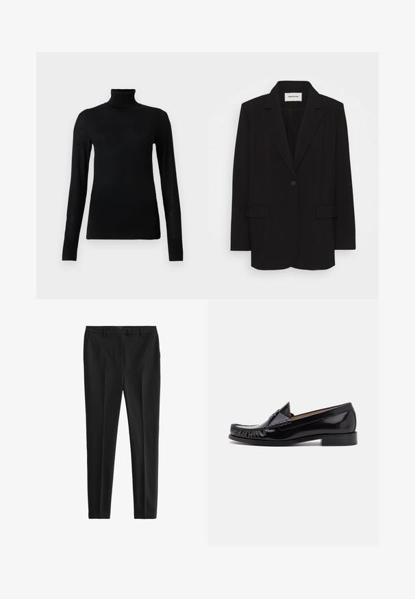 Sort blazer lavet af glat stof, med en enkelt knaplukning, stiklagte klipper og to forlommer. Minimalistisk design med en afslappet pasform.; Sort turtleneck sweater lavet af blødt, letvægtsmateriale. Har lange ærmer og en tætsiddende stil med høj krave.; Sorte bukser lavet af glat stof, med skræddersyet pasform, frontfolder og bæltestropper, samt sidelommer og baglommer.; Sorte læder moccasin sko med en skinnende finish, der har frynsedetaljer langs fronten og en lav stabelhælk.
