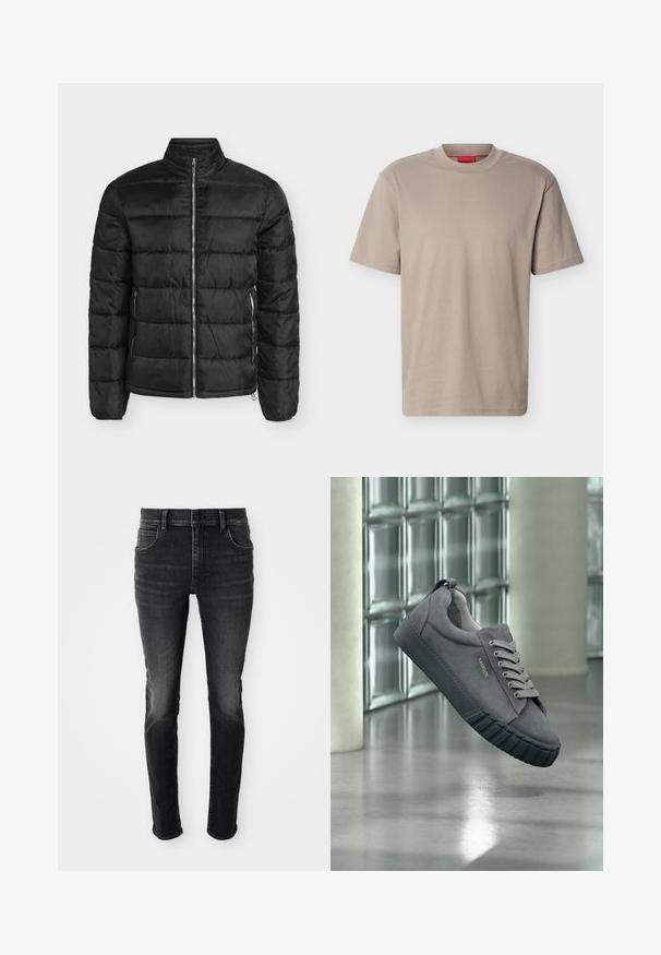 Sort quiltet dunjakke med frontlynlås og to lynlåslommer i siden, stående krave og vandret quiltet mønster.; Beige T-shirt med korte ærmer og rund hals med diskret præget "HUGO" logo på brystet og rød label inde i halsudskæringen.; Mørkegrå, højtraljede skinny jeans med en falmet look. Har fem lommer, bæltestropper og en klassisk knaplukning.; Grå ruskindssneaker med sort gummisål og snørebånd, mærket "SAMSOE", svævende indendørs nær glasblokvæg og betongulv.
